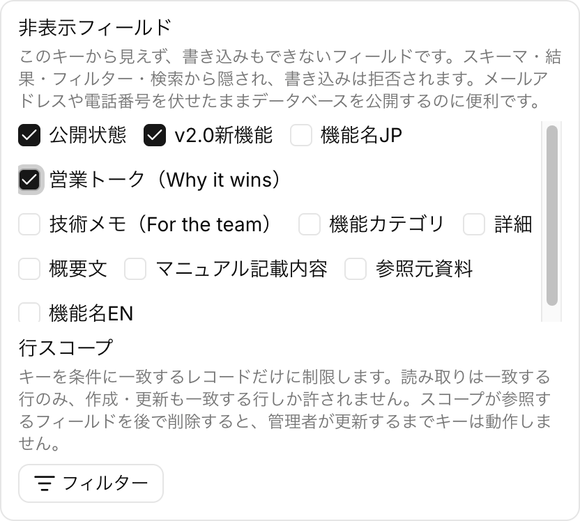 マスク後：公開状態・v2.0新機能・営業トークが非表示フィールドに設定された状態